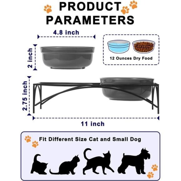 Dog&Cat Food Bowls,12OZ Ceramic Raised Pet Bowls for Food and Water, Two Dishes - Picture 2 of 7